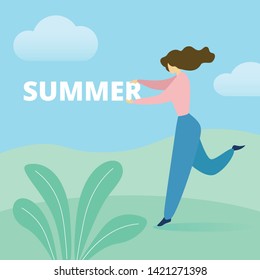 Young Happy Woman Dancing on Green Field Holding Word Summer in Hands. Positive Thinking, Emotional Balance, Open Mind, Summertime Nature Vacation, Holiday, Active Lifestyle. Flat Vector Illustration.