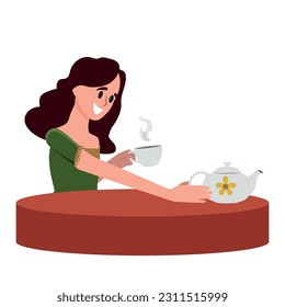 young happy woman drinking afternoon tea. Vector illustration with isolated background.