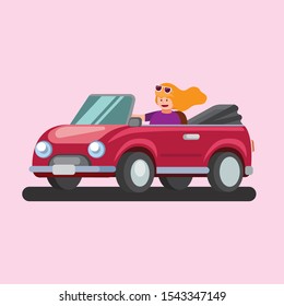 young happy woman driving cabriolet car flat illustration vector concept, 