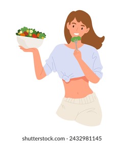 Young happy woman eating salad isolated on white background. Concept of healthy lifestyle, diet, waist loss, fresh meal, cooking, clean food, low calorie. Flat vector illustration cartoon character.