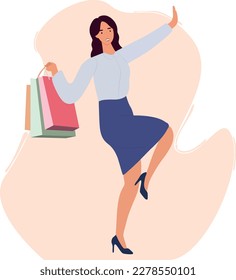 Young happy woman in an elegant dress having fun with shopping bags colorful character vector Illustration