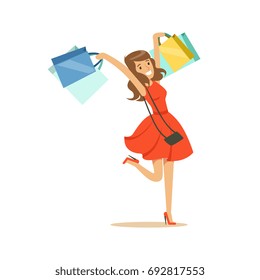 Young happy woman in an elegant red dress having fun with shopping bags colorful character vector Illustration