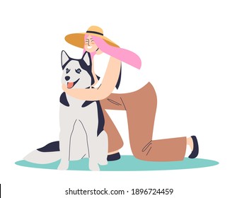 Young happy woman embracing big dog. Cheerful and lovely dog owner with pet over white background. Taking care for domestic animal and friendship concept. Cartoon flat vector illustration