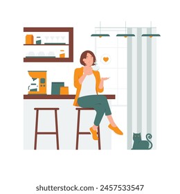 Young happy woman enjoying and drinking fresh aromatic coffee sit chair on the kitchen in the morning, relaxing at home concept illustration