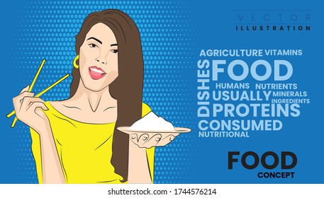 Young happy woman enjoying Food. Word cloud concept 