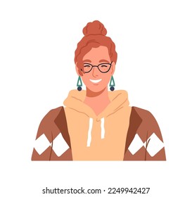 Young happy woman, face portrait. Laughing girl in glasses. Pretty funny redhead character with freckles. Joyful female in eyeglasses, hoodie. Flat vector illustration isolated on white background