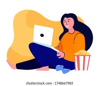 Young Happy Woman Gamer Playing Play Station Game on Laptop Online.Relaxed Teenager Have Fun,Gaming,Popcorn.Digital Entertainment.Stay Home,Quarantine.Positive Cheerfull Girl.Flat Vector Illustration