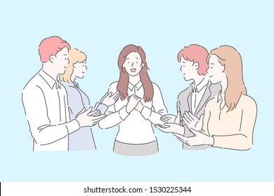 Young happy happy woman or girl businesswoman receives congratulations from their colleagues in the office. Lady clerk got a promotion. Vector flat design