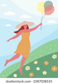 A young happy woman in a hat and dress with balls in her hands in a clearing with flowers against the sky. Summer joyful image. Vector flat graphics.