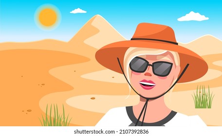 Young happy woman in hat, sunglasses against the background of a sand dune in the desert sunny day. Girl in the desert hot weather, tourist trip to a hot country . Cartoon style illustration