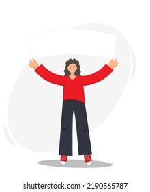 Young happy woman holding blank banner, advertisement in his hands, public manifestation concept, flat vector illustration