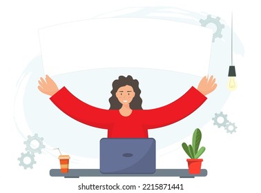 Young happy woman holding blank banner sitting at the work place with advertisement in his hands, public manifestation concept, flat vector illustration