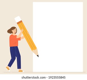 Young happy woman holding giant pencil with blank paper. Message space Cartoon for promotion, study, announcement, learning, marketing, banner, education, business. Flat vector illustration character