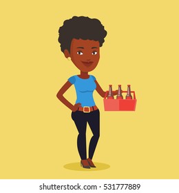 Young Happy Woman Holding Pack Of Beer. Full Length Of Cheerful Woman Carrying A Six Pack Of Beer. Vector Flat Design Illustration. Square Layout.