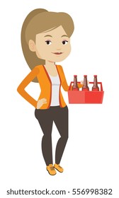 Young happy woman holding pack of beer. Full length of cheerful woman carrying a six pack of beer. Caucasian smiling woman buying beer. Vector flat design illustration isolated on white background.