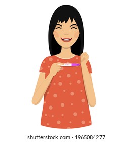 Young happy woman holding a pregnancy test with a positive result. Future motherhood concept. Flat vector illustration. 
