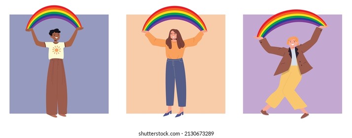 Young happy woman holds an LGBT flag. The concept of the LGBT community. LGBT Pride Month. Gay pride parade. Human rights, against discrimination, violence, injustice. Cartoon vector illustration.