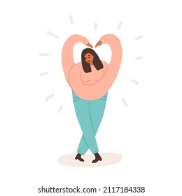 Young happy woman hugging herself, her arms in heart shape. Self love, mental health concept. Valentine's Day, Women's Day greeting card design.