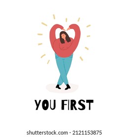 Young happy woman hugging herself, her arms in heart shape, You first text. Self love, confidence, mental health, Anti Valentine's Day, Women's Day concept. Vector hand-draw character illustration.