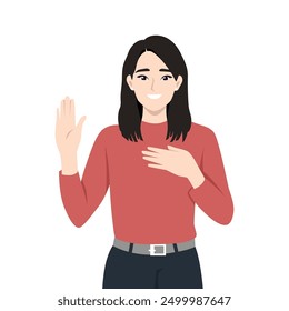 Young happy woman introduce herself, raising hand up and say hello. Flat vector illustration isolated on white background