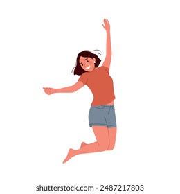Young happy woman jumped up isolated. Flat style cartoon vector illustration. 