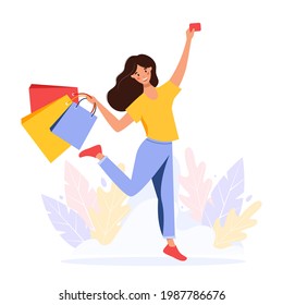 Young happy woman jumping with shopping bags and credit card. Female character holding colorful shopping bags with purchases. Background with leaves, flat style vector illustration. Sale concept.