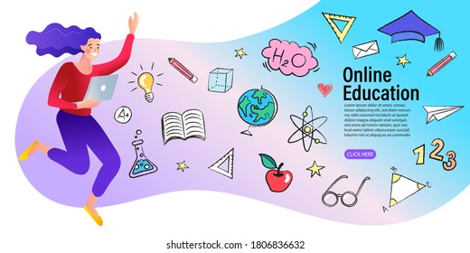 Young happy woman with a laptop in her hands. Education concept doodle icon set. Vector illustration.
