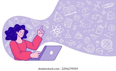 Junge glückliche Frau mit einem Laptop in den Händen. Erziehungskonzept doodle Symbol Set. E-Learning-Plattform. Video-Kurs, Internet-Klasse. abgelegener Universitätsabschluss. Vektorgrafik.