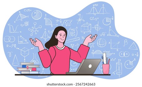 Young happy woman with a laptop in her hands. Education concept doodle icon set. E-learning platform. video course, internet class. remote university graduation. Vector illustration.