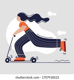 Young happy woman with long hair riding scooter. City sports outdoor activity. Flat colourful vector illustration in hand drawn style.