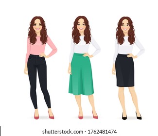 Young happy woman with long hair dressed in different casual business style clothes set isolated vector illustration