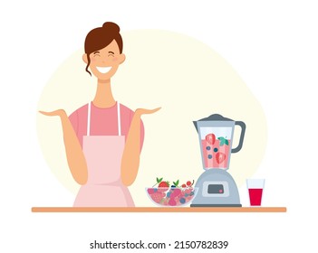 Young happy woman makes a berry smoothie or smoothie in a blender. Girl, blender, glass of smoothie, plate with berries. Vector flat illustration in cartoon style isolated on white background