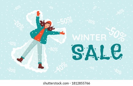 Young happy woman makes a snow angel. Winter sale and discount lettering. Concept template for banner, poster, advertising New Year, Christmas, seasonal sales. Bright cartoon vector illustration