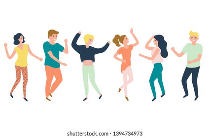 Young happy woman and man dancing to party music. Stylish human at festival event, outdoor concert or club dance floor. Vector flat illustration