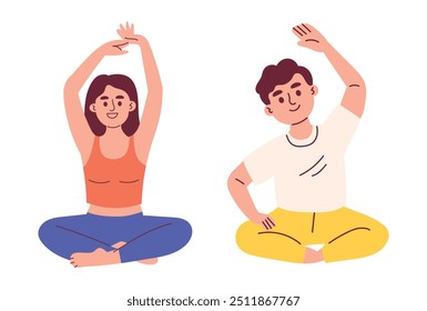 Young Happy Woman and Man doing Yoga Exercise