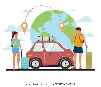 Young happy woman and man getting ready for the travel by car.