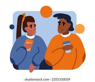 Young happy woman and man standing near each other and drinking coffee. Nice weekend walk. Leisure time on vacation. Sympathy, mutual understanding, companionship. Flat vector illustration