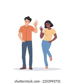 Joven hombre y mujer feliz se da la mano con un gesto de hola. La gente está con todo el cuerpo. Ilustración vectorial de dibujos animados de estilo plano. 