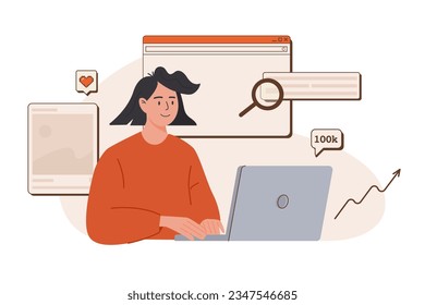 Young happy woman managing SMM strategy. Digital content, internet marketing, online business, communication. Creating advertising campaign. Content manager working on laptop. Vector flat illustration