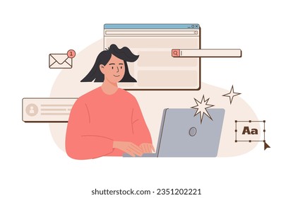 Young happy woman managing SMM strategy. Digital content, internet marketing, online business, communication. Creating advertising campaign. Content manager working on laptop. Vector flat illustration