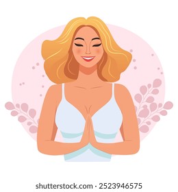 A young happy woman meditates.  Taking care of yourself, loving yourself, supporting yourself. Vector illustration.