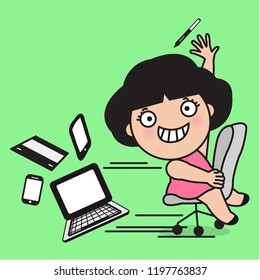 Young Happy Woman Moving Her Chair Quickly With Delight Throw Up The Laptop, Mobile, Tablet. She Enjoys Her Friday And Ready To Leave The Office Concept Card Character illustration