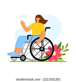 Young happy woman on a wheelchair. World Day of Persons with Disabilities. Flat vector illustration