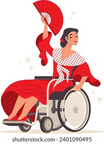 Young happy woman on a wheelchair dancing flamenco dance wearing traditional Spanish dress. Inclusive dance. Flat vector character