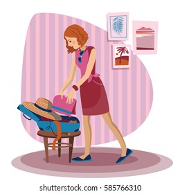 Young happy woman pack her clothes in an opened suitcase. Smile woman put a towel into a suitcase. Woman prepare for vacation. Vector flat design illustration. Travel