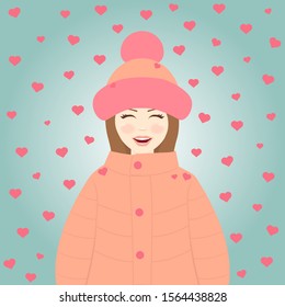 A young happy woman in a peach colour jacket and hat stands under the cute falling hearts. Blue gradient background. Valentine's Day. Vector illustration for greeting cards; stickers; posters.
