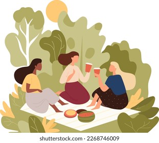 Young and happy woman at picnic.  Friends eating and drinking, sitting on blanket in park. Relaxing in nature on summertime holidays. Outdoor party, leisure time. Flat vector illustration