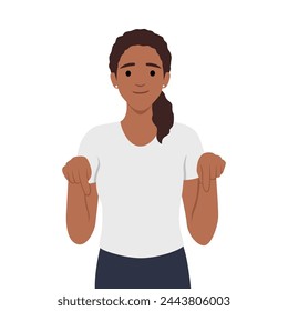 Young happy woman point down to blank space. Flat vector illustration isolated on white background