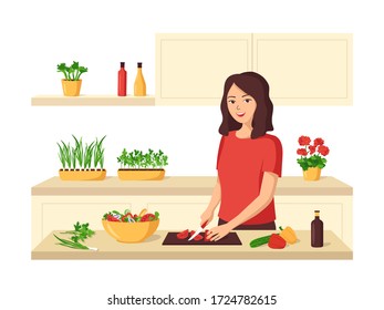 Young happy woman preparing fresh vegetable salad.Concept of healthy organic food from farm products. Growing greens in the apartment. Vegetarian, vegan dishes. Flat cartoon vector illustration
