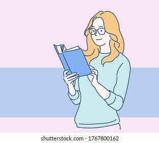 Young happy woman reading a book and smiling. Hand drawn in thin line style, vector illustrations.